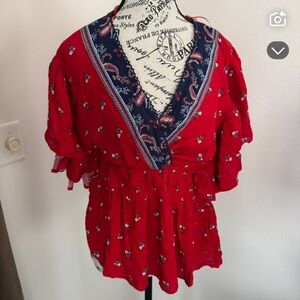 Francesca's Collections Red Paisley V-Neck Peasant Tunic